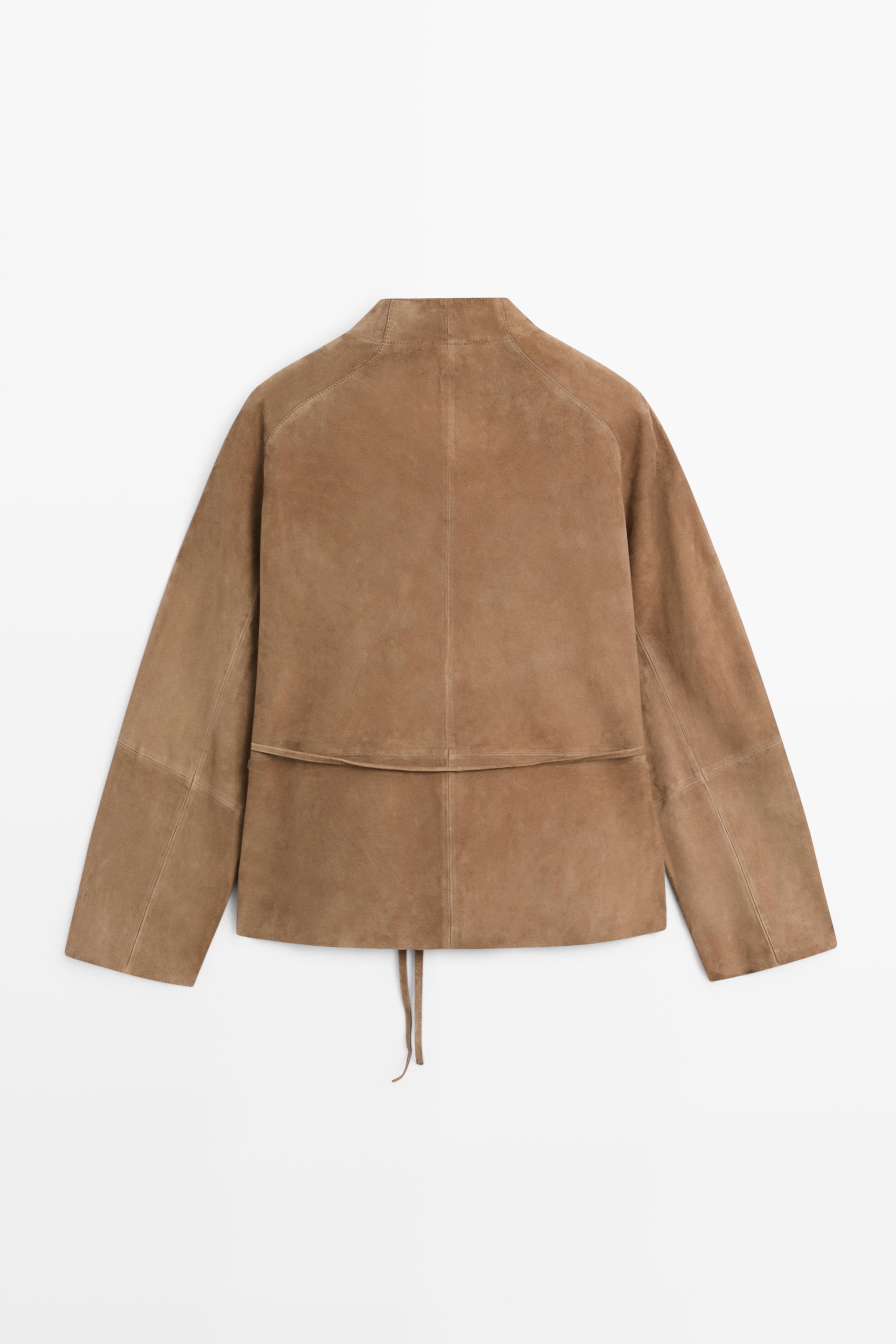 Suede leather jacket with drawstring